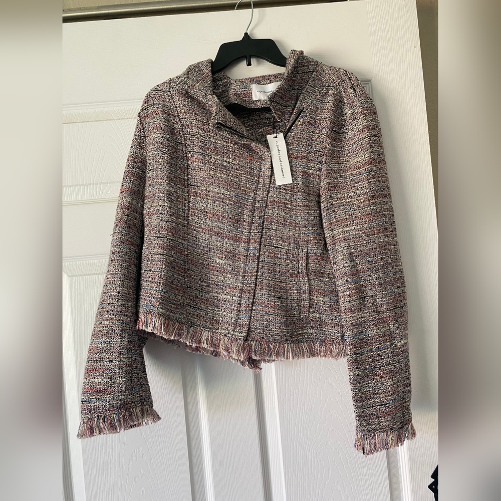 Cupcakes and‎ Cashmere Tweed Fringe Moto Jacket XL Multi Color Zip Front NWT
